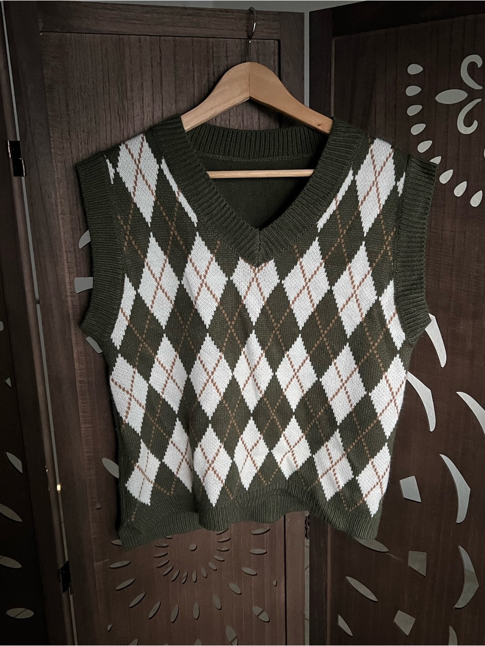 Olive Argyle V-Neck Sweater Vest - Women's